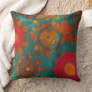 Coussin Marocain exotique rustique or rouge orange bleu ve