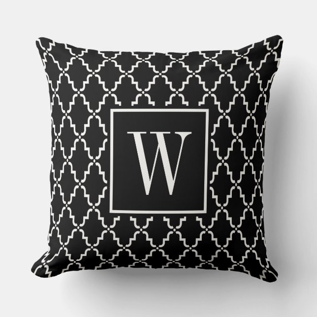 Coussin Marocain noir et blanc Quatrefoil de monogramme (Recto)