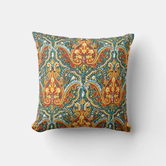 Coussin Marocain Paisley dans le bleu d'Aqua et l'orange (Recto)