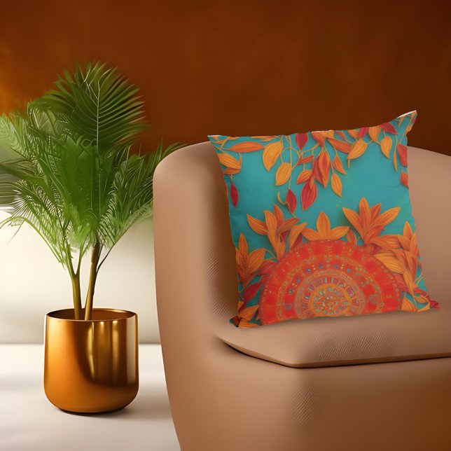 Coussin Marocain rustique or rouge orange bleu feuilles d' (Créateur téléchargé)