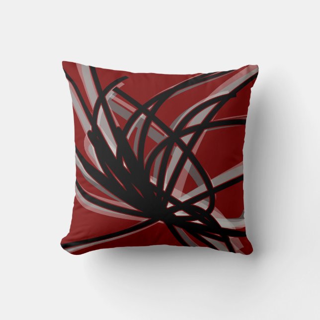 Coussin Maroon Rouge Noir & Gris Rubans Abstraits Artistiq (Recto)