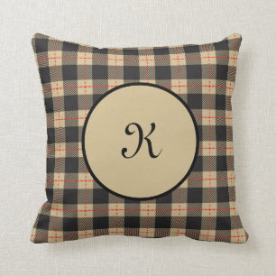Coussin Marron Noir Rouge Buffalo Plaid Monogramme