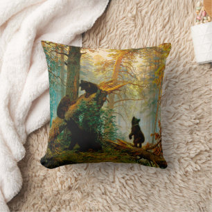 Coussin Matin dans une forêt de pins Ours avec oursons Shi