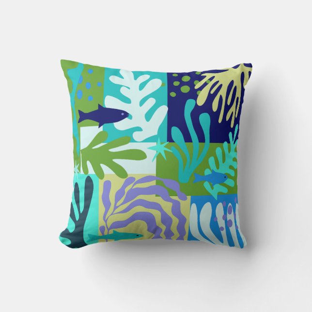 Coussin Matisse Inspiré Ocean Life Papier Coupes Aqua (Recto)