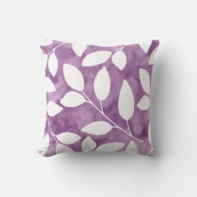 Coussin Mauve, Aquarelle blanche Feuilles Abstraits (Recto)