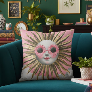 Coussin Maximaliste fantaisiste Soleil céleste floral rose