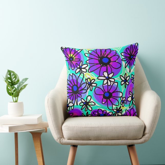 Coussin Mazipoodles Love Flowers - Turquoise Purple Black (Chaise)