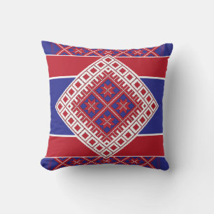 Coussin Médaillon d'art populaire letton rouge et bleu géo