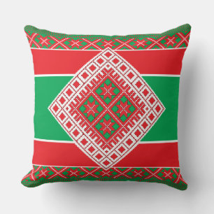 Coussin Médaillon d'art populaire letton rouge et vert géo