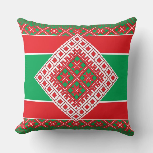 Coussin Médaillon d'art populaire letton rouge et vert géo (Recto)