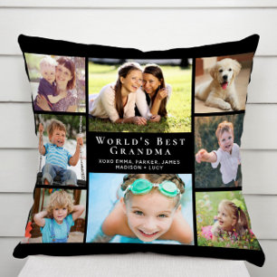 Coussin Meilleur collage photo de grand-mère au monde noir