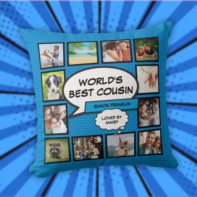 Coussin Meilleur Cousin du monde 12 photo Collage Blue Fun (World's Best Cousin 12 Photo Collage Blue Fun Throw Pillow)