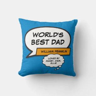 Coussin Meilleur Papa du Monde, Papa, Superhéros Bleu Amus