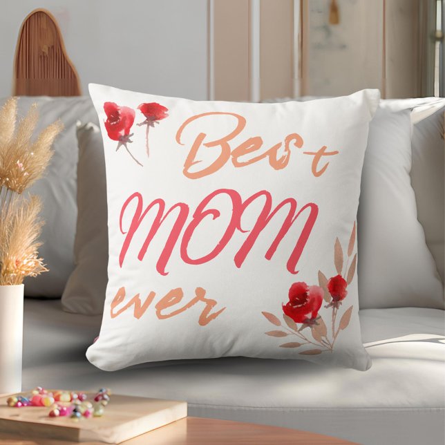 Coussin Meilleure maman Rouge Roses Aquarelle Mère (Créateur téléchargé)
