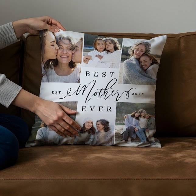 Coussin Meilleure mère jamais script photo Collage de phot (Best Mother Ever Script Photo Collage Keepsake Throw Pillow)
