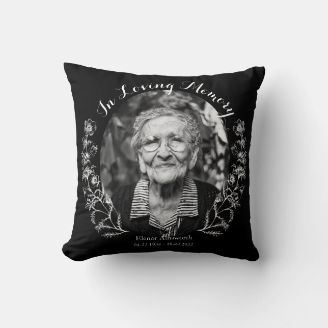 Coussin Mémorial Floral en mémoire d'amour photo noir (Recto)
