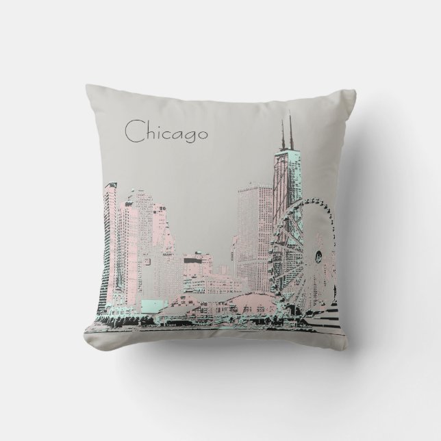 Coussin Menthe grise moderne de rose d'horizon de Chicago (Recto)