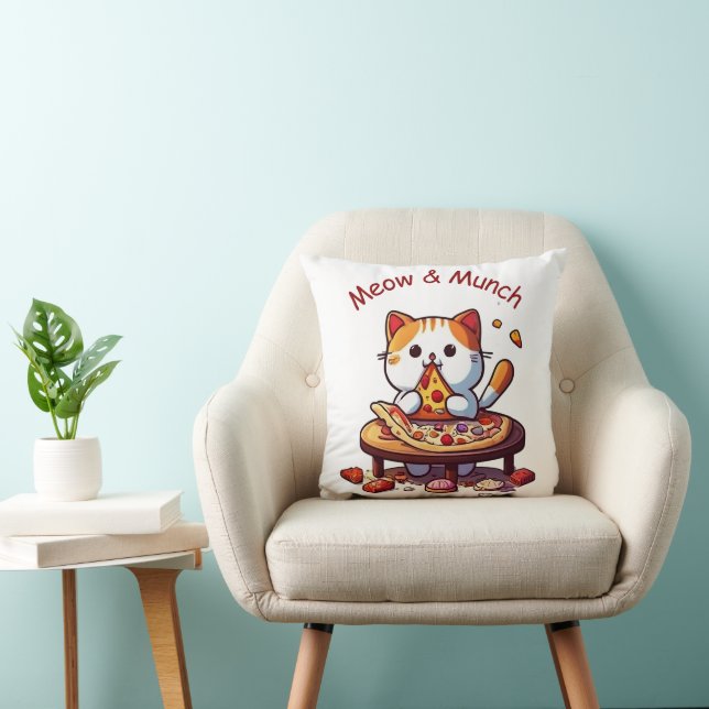 Coussin Meow & Munch Cute Pizza Cat Throw Pillow (Chaise)