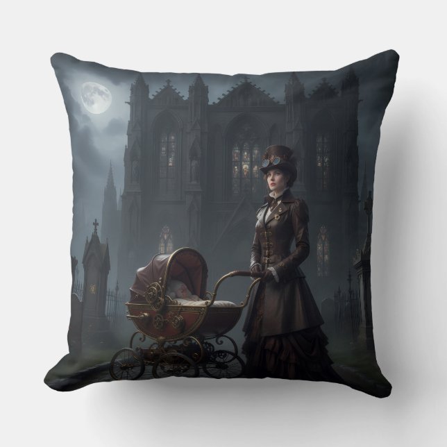 Coussin Mère de Steampunk Gothic avec enfants victoriens (Recto)