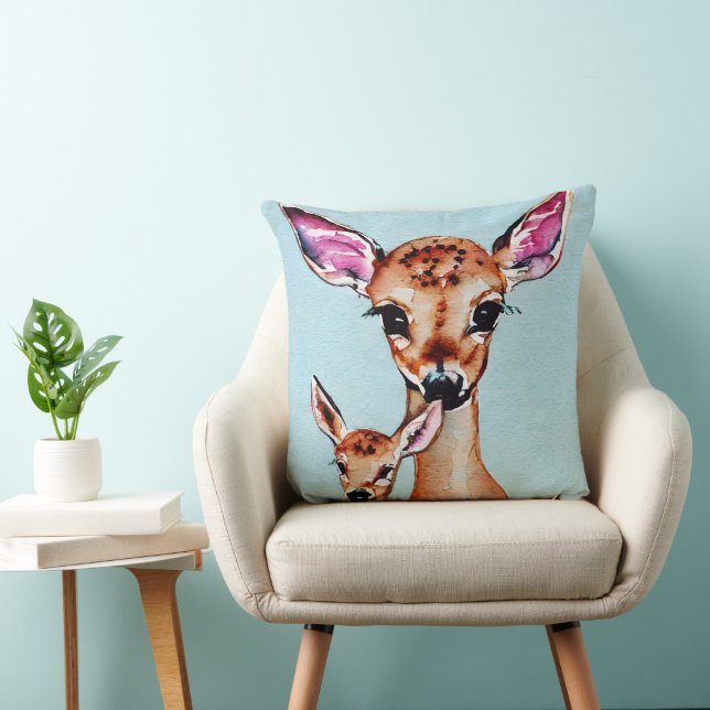 Coussin Mère Et Bébé Cerf Aquarelle Amour Famille (Chaise)