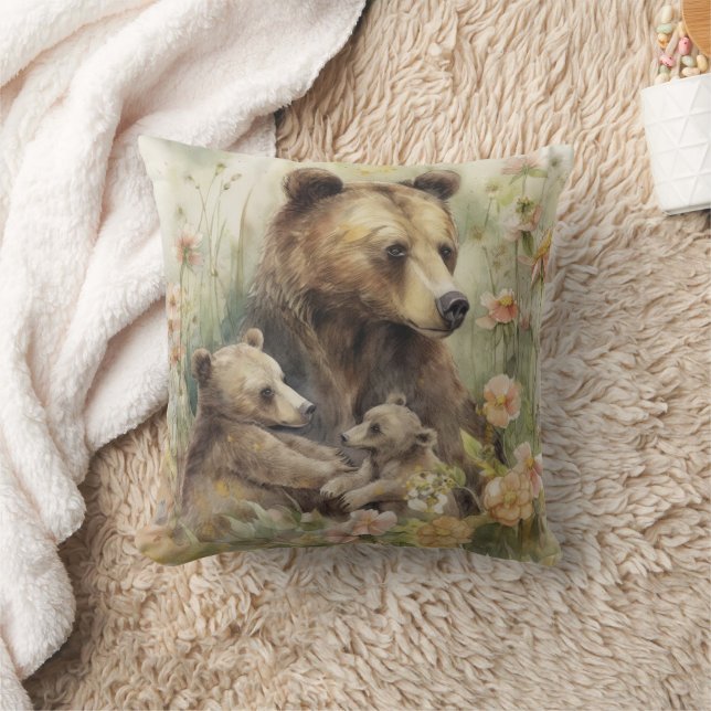 Coussin Mère Ours Cubs Fleurs Roses Peinture Nature (Couverture)