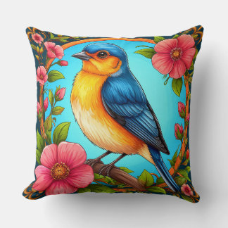Coussin Merlebleu Et Fleurs Pour Les Amateurs D'oiseaux