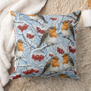 Coussin Merles d'hiver et branches enneigées