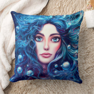 Coussin Mermaid Sea Goddess Nymphe Siren bleu sous l'eau