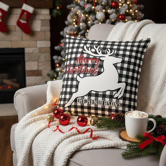 Coussin Merry Christmas Deer Black & White Plaid Name Thro