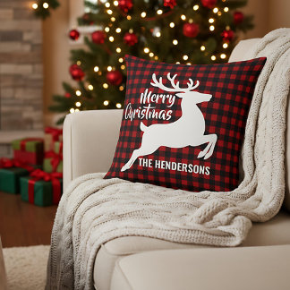 Coussin Merry Christmas Deer Red & Black Plaid Custom Name
