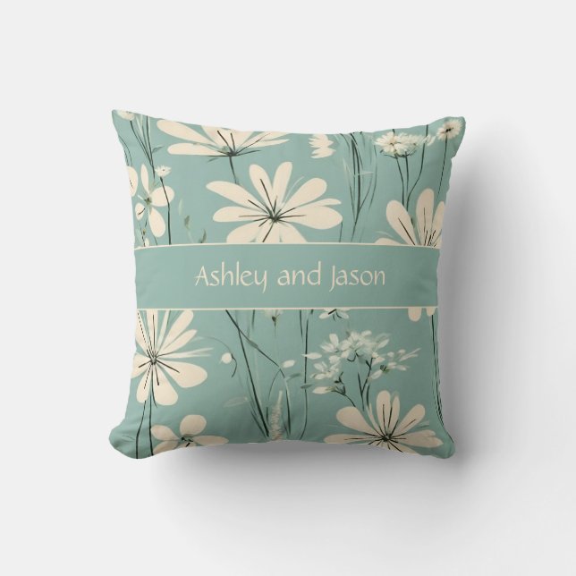 Coussin Mi-siècle Floral Moderne Couple Noms Personnalisés (Recto)