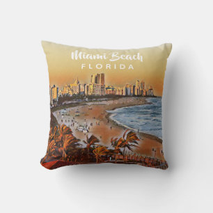 Coussin Miami Beach Floride Aquarelle Vintage Art
