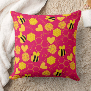Coussin miel abeille vintage tournesol jaune fleuri