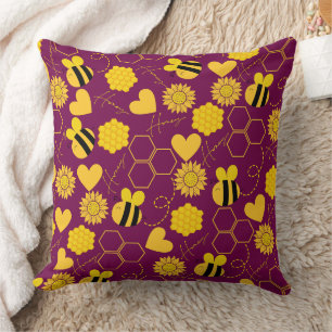 Coussin miel abeille vintage tournesol jaune fleuri