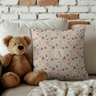 Coussin Mignon abeille de dessin animé fleur motif pastel