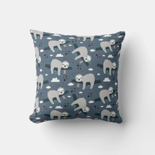 Coussin mignon adorable motif de paresseux gris fond bleu