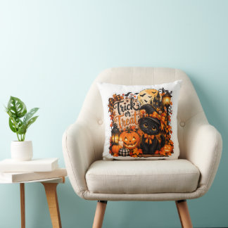 Coussin Mignon Chat Noir Trick or Treat Halloween Citrouil
