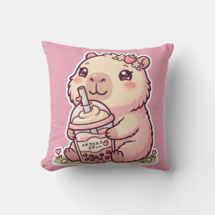Coussin Mignon Chibi Capybara Fraise Boba Milk Tea Kawa