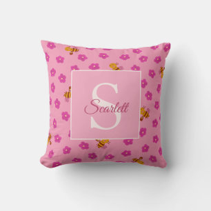 Coussin Mignon Monogramme Nom Abeille & Fleurs à la Gouach