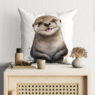 Coussin Mignon Otter Souriant Heureux Aquarelle