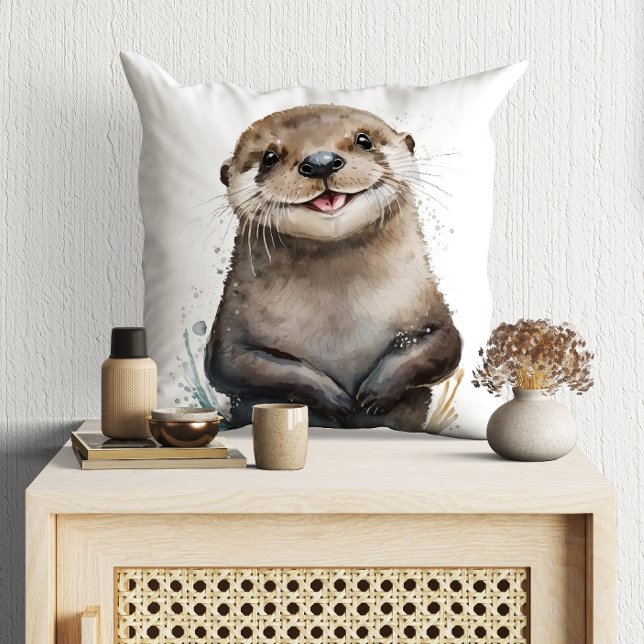 Coussin Mignon Otter Souriant Heureux Aquarelle (Créateur téléchargé)