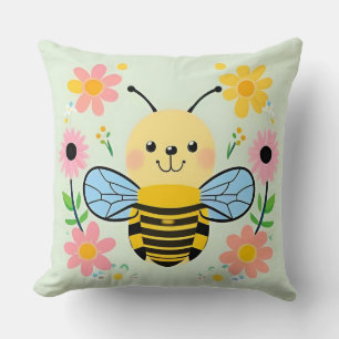 Coussin Mignonne abeille de dessin animé entourée de fleur