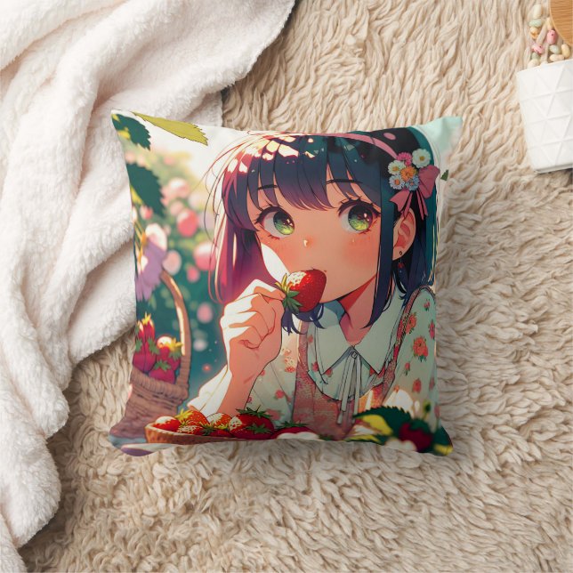 Coussin Mignonne Anime Girl Mange des fraises (Couverture)