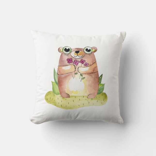 Coussin Mignonne bébé ours. Aquarelle animale pour enfants (Recto)