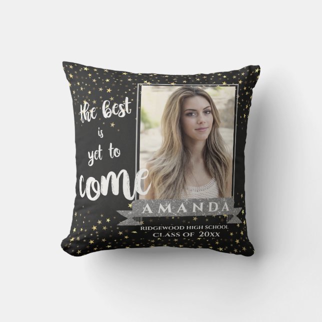 Coussin Mignonne Black Silver Stars Photo Graduation (Recto)