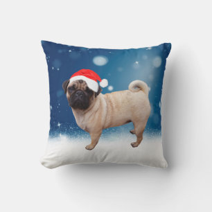 Coussin Mignonne chien Carlin Noël Père Noël Chapeau Neige