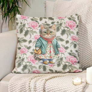 Coussin Mignonne grand-mère chat robe fleurie rose pull