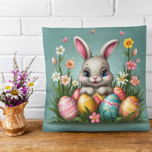 Coussin Mignonne lapin de Pâques avec oeufs colorés Floral
