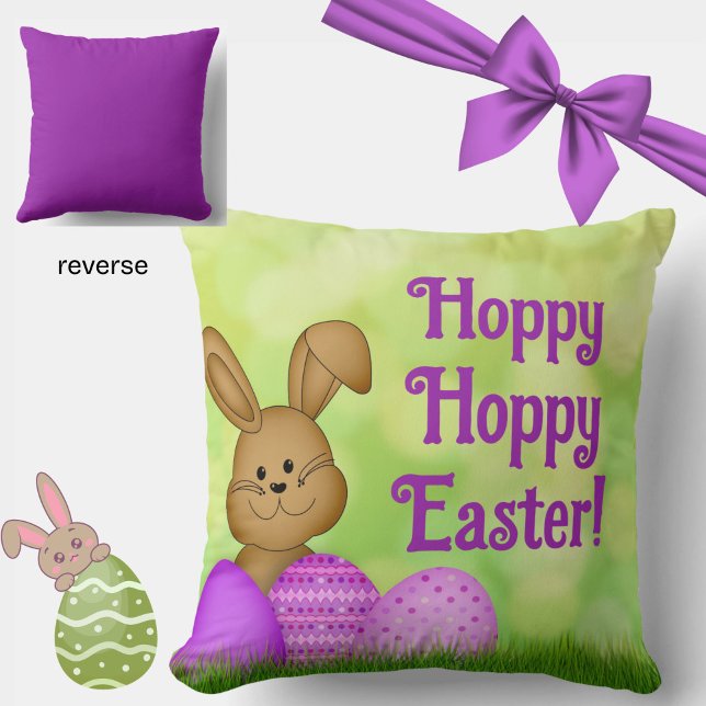 Coussin Mignonne Lapin de Pâques Printemps Aquarelle Vert  (A cheery, spring green and purple Easter pillow, featuring an adorable Easter bunny.)