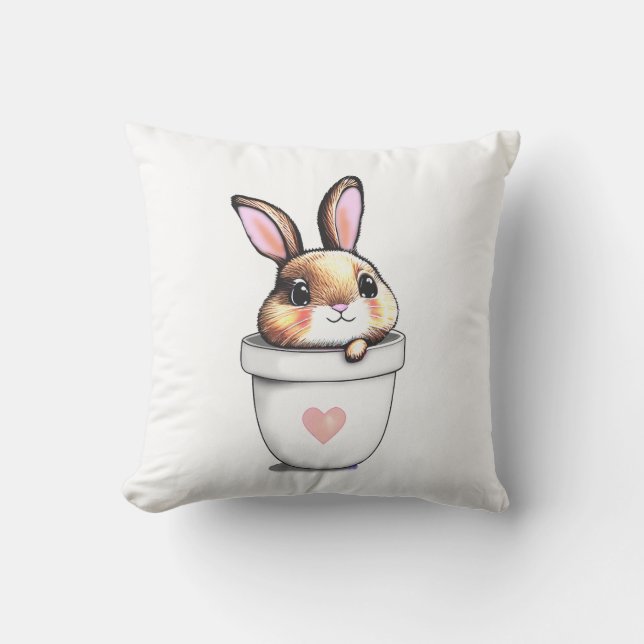 Coussin Mignonne lapin Plante pot avec coeur sur blanc (Recto)